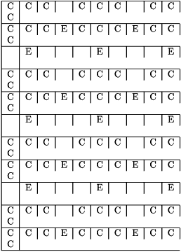 \[\begin{tabular}{|c|c|c|c|c|c|c|c|c|c|} \hline C & C & C & & C & C & C & & C & C & C \\ \hline C & C & C & E & C & C & C & E & C & C & C \\ \hline & E & & & & E & & & & E & \\ \hline C & C & C & & C & C & C & & C & C & C \\ \hline C & C & C & E & C & C & C & E & C & C & C \\ \hline & E & & & & E & & & & E & \\ \hline C & C & C & & C & C & C & & C & C & C \\ \hline C & C & C & E & C & C & C & E & C & C & C \\ \hline & E & & & & E & & & & E & \\ \hline C & C & C & & C & C & C & & C & C & C \\ \hline C & C & C & E & C & C & C & E & C & C & C \\ \hline \end{tabular}\]