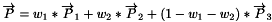 \[ \overrightarrow{P}= w_1 * \overrightarrow{P}_1 + w_2 * \overrightarrow{P}_2 + (1-w_1-w_2 ) * \overrightarrow{P}_3 \]