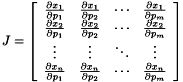 \[ J=\left[ \begin{array}{cccc} \frac{\partial x_{1}}{\partial p_{1}} & \frac{\partial x_{1}}{\partial p_{2}} & \cdots & \frac{\partial x_{1}}{\partial p_{m}}\\ \frac{\partial x_{2}}{\partial p_{1}} & \frac{\partial x_{2}}{\partial p_{2}} & \cdots & \frac{\partial x_{2}}{\partial p_{m}}\\ \vdots & \vdots & \ddots & \vdots \\ \frac{\partial x_{n}}{\partial p_{1}} & \frac{\partial x_{n}}{\partial p_{2}} & \cdots & \frac{\partial x_{n}}{\partial p_{m}} \end{array}\right] \]