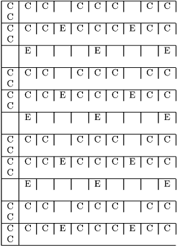 \[\begin{tabular}{|c|c|c|c|c|c|c|c|c|c|} \hline C & C & C & & C & C & C & & C & C & C \\ \hline C & C & C & E & C & C & C & E & C & C & C \\ \hline & E & & & & E & & & & E & \\ \hline C & C & C & & C & C & C & & C & C & C \\ \hline C & C & C & E & C & C & C & E & C & C & C \\ \hline & E & & & & E & & & & E & \\ \hline C & C & C & & C & C & C & & C & C & C \\ \hline C & C & C & E & C & C & C & E & C & C & C \\ \hline & E & & & & E & & & & E & \\ \hline C & C & C & & C & C & C & & C & C & C \\ \hline C & C & C & E & C & C & C & E & C & C & C \\ \hline \end{tabular}\]