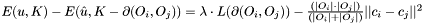 $ E(u,K)-E(\hat{u},K-\partial(O_i,O_j))= \lambda\cdot{L(\partial(O_i,O_j))}- {(|O_i| \cdot |O_j|)\over (|O_i|+|O_j|)} ||c_i-c_j||^2 $