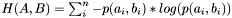 $ H(A,B) = \sum_i^n{-p(a_i,b_i) * log( p(a_i, b_i) )} $