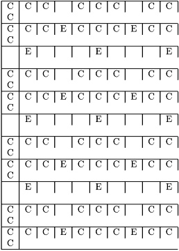 \[\begin{tabular}{|c|c|c|c|c|c|c|c|c|c|} \hline C & C & C & & C & C & C & & C & C & C \\ \hline C & C & C & E & C & C & C & E & C & C & C \\ \hline & E & & & & E & & & & E & \\ \hline C & C & C & & C & C & C & & C & C & C \\ \hline C & C & C & E & C & C & C & E & C & C & C \\ \hline & E & & & & E & & & & E & \\ \hline C & C & C & & C & C & C & & C & C & C \\ \hline C & C & C & E & C & C & C & E & C & C & C \\ \hline & E & & & & E & & & & E & \\ \hline C & C & C & & C & C & C & & C & C & C \\ \hline C & C & C & E & C & C & C & E & C & C & C \\ \hline \end{tabular}\]