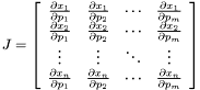 \[ J=\left[ \begin{array}{cccc} \frac{\partial x_{1}}{\partial p_{1}} & \frac{\partial x_{1}}{\partial p_{2}} & \cdots & \frac{\partial x_{1}}{\partial p_{m}}\\ \frac{\partial x_{2}}{\partial p_{1}} & \frac{\partial x_{2}}{\partial p_{2}} & \cdots & \frac{\partial x_{2}}{\partial p_{m}}\\ \vdots & \vdots & \ddots & \vdots \\ \frac{\partial x_{n}}{\partial p_{1}} & \frac{\partial x_{n}}{\partial p_{2}} & \cdots & \frac{\partial x_{n}}{\partial p_{m}} \end{array}\right] \]