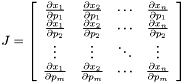 \[ J=\left[ \begin{array}{cccc} \frac{\partial x_{1}}{\partial p_{1}} & \frac{\partial x_{2}}{\partial p_{1}} & \cdots & \frac{\partial x_{n}}{\partial p_{1}}\\ \frac{\partial x_{1}}{\partial p_{2}} & \frac{\partial x_{2}}{\partial p_{2}} & \cdots & \frac{\partial x_{n}}{\partial p_{2}}\\ \vdots & \vdots & \ddots & \vdots \\ \frac{\partial x_{1}}{\partial p_{m}} & \frac{\partial x_{2}}{\partial p_{m}} & \cdots & \frac{\partial x_{n}}{\partial p_{m}} \end{array}\right] \]
