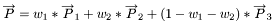 \[ \overrightarrow{P}= w_1 * \overrightarrow{P}_1 + w_2 * \overrightarrow{P}_2 + (1-w_1-w_2 ) * \overrightarrow{P}_3 \]