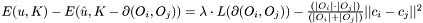 $ E(u,K)-E(\hat{u},K-\partial(O_i,O_j))= \lambda\cdot{L(\partial(O_i,O_j))}- {(|O_i| \cdot |O_j|)\over (|O_i|+|O_j|)} ||c_i-c_j||^2 $