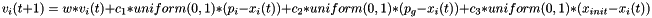 \[v_i(t+1) = w*v_i(t) + c_1*uniform(0,1)*(p_i-x_i(t)) + c_2*uniform(0,1)*(p_g-x_i(t)) + c_3*uniform(0,1)*(x_{init}-x_i(t))\]