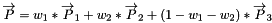\[ \overrightarrow{P}= w_1 * \overrightarrow{P}_1 + w_2 * \overrightarrow{P}_2 + (1-w_1-w_2 ) * \overrightarrow{P}_3 \]
