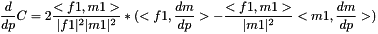 \[ \frac{d}{dp} C = 2 \frac{<f1, m1>}{|f1|^2 |m1|^2} * ( <f1, \frac{dm}{dp}> - \frac{<f1, m1>}{|m1|^2} < m1, \frac{dm}{dp} > ) \]