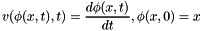 \[ v(\phi(x,t), t) = \frac{d\phi(x, t)}{dt}, \phi(x, 0) = x \]
