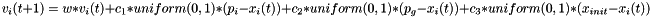 \[v_i(t+1) = w*v_i(t) + c_1*uniform(0,1)*(p_i-x_i(t)) + c_2*uniform(0,1)*(p_g-x_i(t)) + c_3*uniform(0,1)*(x_{init}-x_i(t))\]