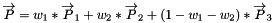 \[ \overrightarrow{P}= w_1 * \overrightarrow{P}_1 + w_2 * \overrightarrow{P}_2 + (1-w_1-w_2 ) * \overrightarrow{P}_3 \]