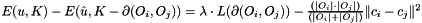 $ E(u,K)-E(\hat{u},K-\partial(O_i,O_j))= \lambda\cdot{L(\partial(O_i,O_j))}- {\frac{(|O_i| \cdot |O_j|)}{(|O_i|+|O_j|)}} \|c_i-c_j\|^2 $