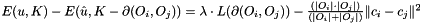 $ E(u,K)-E(\hat{u},K-\partial(O_i,O_j))= \lambda\cdot{L(\partial(O_i,O_j))}- {\frac{(|O_i| \cdot |O_j|)}{(|O_i|+|O_j|)}} \|c_i-c_j\|^2 $
