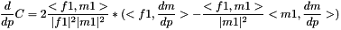 \[ \frac{d}{dp} C = 2 \frac{<f1, m1>}{|f1|^2 |m1|^2} * ( <f1, \frac{dm}{dp}> - \frac{<f1, m1>}{|m1|^2} < m1, \frac{dm}{dp} > ) \]