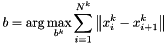 \[ b = \arg \max_{b^k} \sum_{i=1}^{N^k} \left\| x_{i}^k - x_{i+1}^k \right\| \]