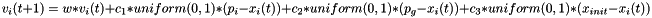 \[v_i(t+1) = w*v_i(t) + c_1*uniform(0,1)*(p_i-x_i(t)) + c_2*uniform(0,1)*(p_g-x_i(t)) + c_3*uniform(0,1)*(x_{init}-x_i(t))\]