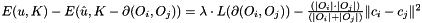 $ E(u,K)-E(\hat{u},K-\partial(O_i,O_j))= \lambda\cdot{L(\partial(O_i,O_j))}- {\frac{(|O_i| \cdot |O_j|)}{(|O_i|+|O_j|)}} \|c_i-c_j\|^2 $
