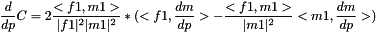 \[ \frac{d}{dp} C = 2 \frac{<f1, m1>}{|f1|^2 |m1|^2} * ( <f1, \frac{dm}{dp}> - \frac{<f1, m1>}{|m1|^2} < m1, \frac{dm}{dp} > ) \]
