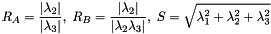 \[ R_A = \frac{|\lambda_2|}{|\lambda_3|}, \; R_B = \frac{|\lambda_2|}{|\lambda_2\lambda_3|}, \; S = \sqrt{\lambda_1^2+\lambda_2^2+\lambda_3^2} \]